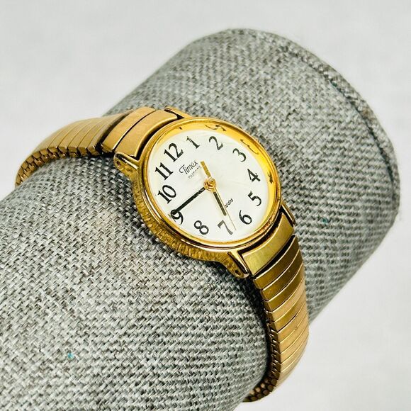 VTG Timex Watch Womens 23mm Gold Tone Expansion White Dial Round New Battery - Picture 2 of 11